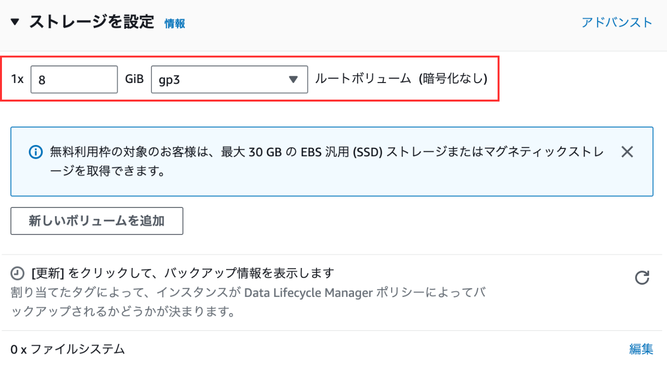 デフォルトで設定されている8GBのストレージを設定する