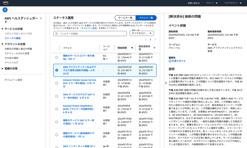 2024年8月29日のAWS Identity and Access Managementに関する障害のイベント情報