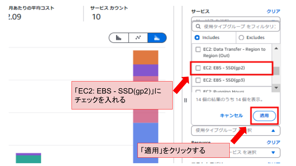 AWS Cost Explorer、EC2: EBS - SSD(gp2)