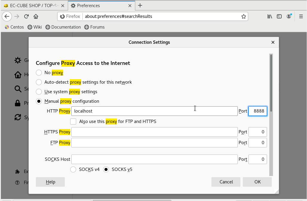 preferences - Manual proxy configurationを選択