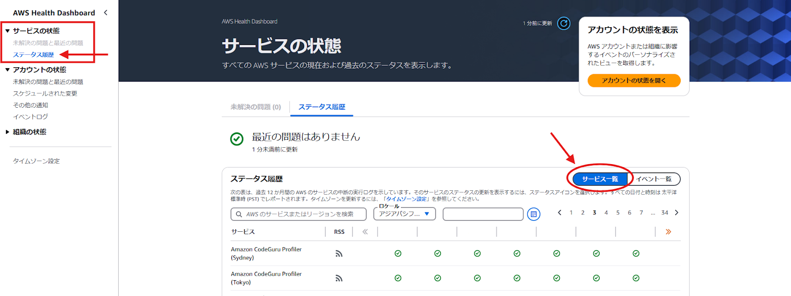 過去12か月間のAWSサービスの状態が表示