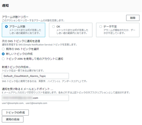 任意のトピック名の入力と通知を受け取るメールアドレスを設定