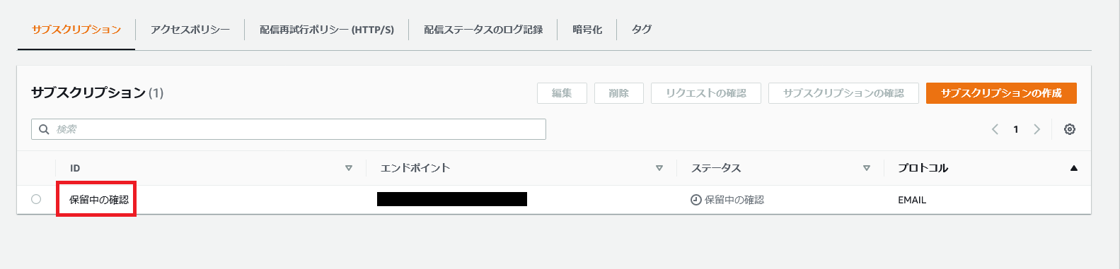 Amazon SNS、保留中の確認】