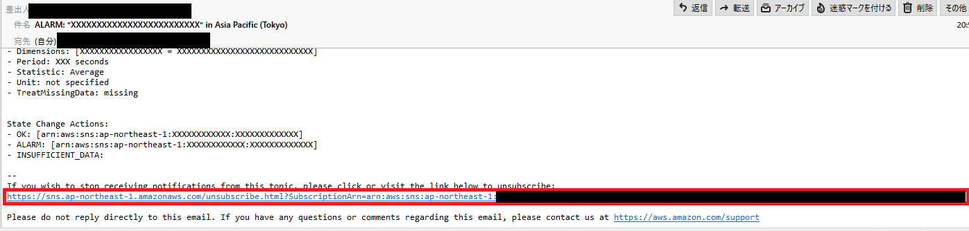 Amazon SNS、unsubscribe（通知停止）のリンク