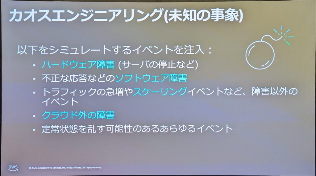 カオスエンジニアリング(未知の事象)についてのスライド。
以下をシミュレートするイベントを注入:
・ハードウェア障害(サーバの停止など)
・不正な応答などのソフトウェア障害
・トラフィックの急増やスケーリングイベントなど、障害以外のイベント
・クラウド外の障害
・定常状態を乱す可能性のあるあらゆるイベント
右上に爆弾のイラストが描かれている。
画面左下にAWSのロゴと著作権表示あり。
