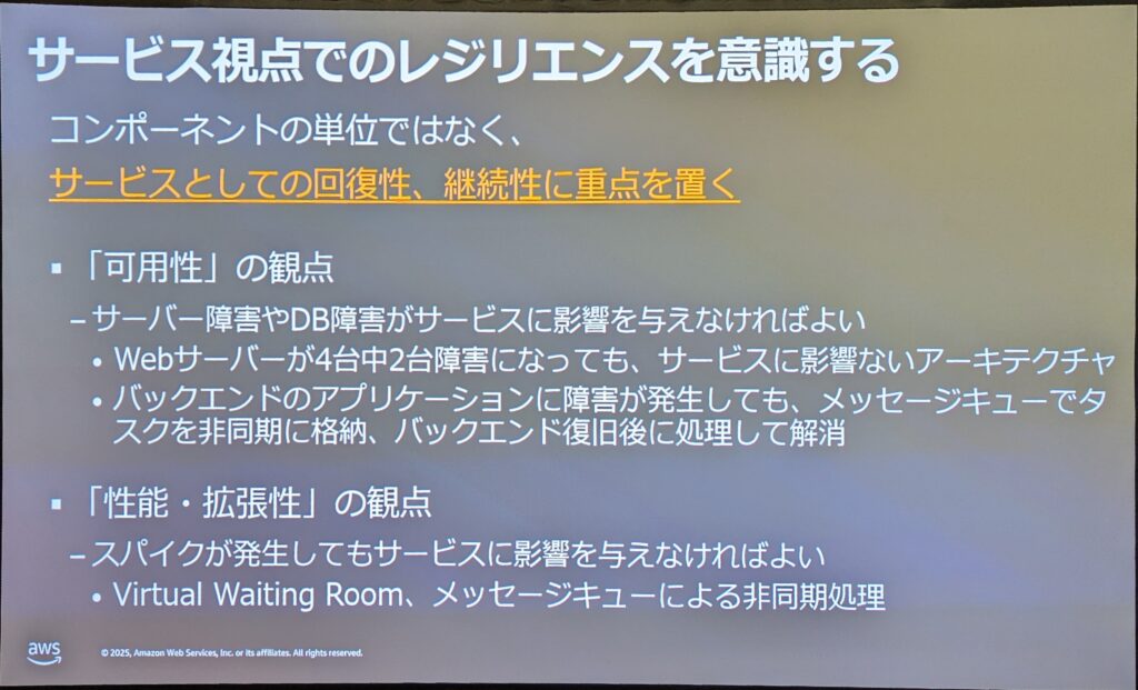 スライドのタイトル:「サービス視点でのレジリエンスを意識する」
サブタイトル:「コンポーネントの単位ではなく、サービスとしての回復性、継続性に重点を置く」(オレンジ色の下線付き)
内容は以下の通り。
・「可用性」の観点
- サーバー障害やDB障害がサービスに影響を与えなければよい
・Webサーバーが4台中2台障害になっても、サービスに影響ないアーキテクチャ
・バックエンドのアプリケーションに障害が発生しても、メッセージキューでタスクを非同期に格納、バックエンド復旧後に処理して解消
・「性能・拡張性」の観点
- スパイクが発生してもサービスに影響を与えなければよい
・Virtual Waiting Room、メッセージキューによる非同期処理
左下にAWSのロゴと著作権表記あり。