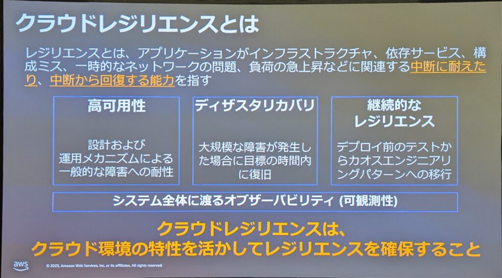 スライドのタイトル:「クラウドレジリエンスとは」
本文:
レジリエンスとは、アプリケーションがインフラストラクチャ、依存サービス、構成ミス、一時的なネットワークの問題、負荷の急上昇などに関連する中断に耐えたり、
中断から回復する能力を指す。
3つのボックスに分かれて説明あり。
1. 高可用性:
設計および運用メカニズムによる一般的な障害への耐性
2. ディザスタリカバリ:
大規模な障害が発生した場合に目標の時間内に復旧
3. 継続的なレジリエンス:
デプロイ前のテストからカオスエンジニアリングパターンへの移行
その下に「システム全体に渡るオブザーバビリティ(可観測性)」の枠。
最後に強調テキストで
「クラウドレジリエンスは、クラウド環境の特性を活かしてレジリエンスを確保すること」
左下にAWSのロゴと著作権表記あり。